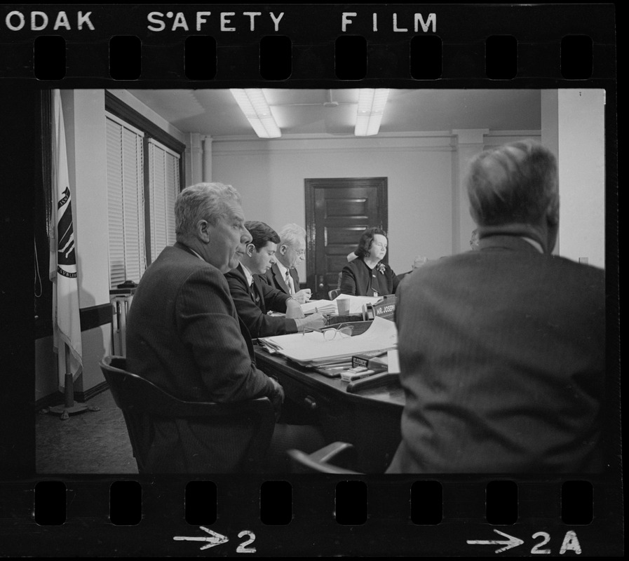 School Committee turns down suggestion for police patrol in school corridors. From left are Supt. of Schools William Ohrenberger, and Committee members Thomas Eisenstadt, Joseph Lee and Louise Day Hicks