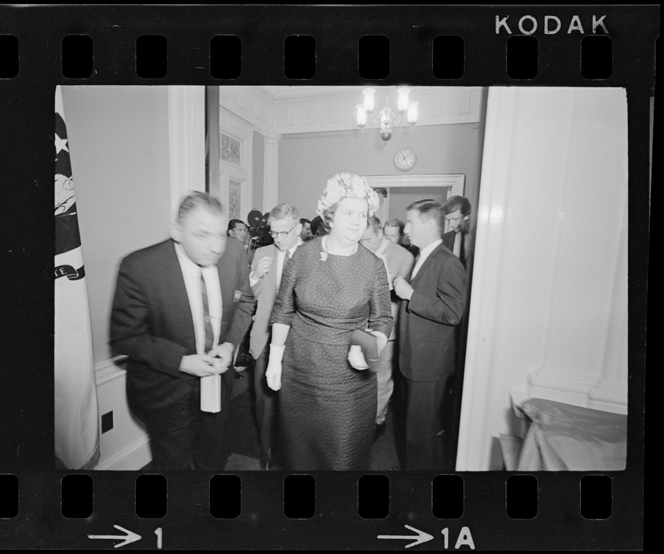 Louise Day Hicks after meeting with Gov. John Volpe