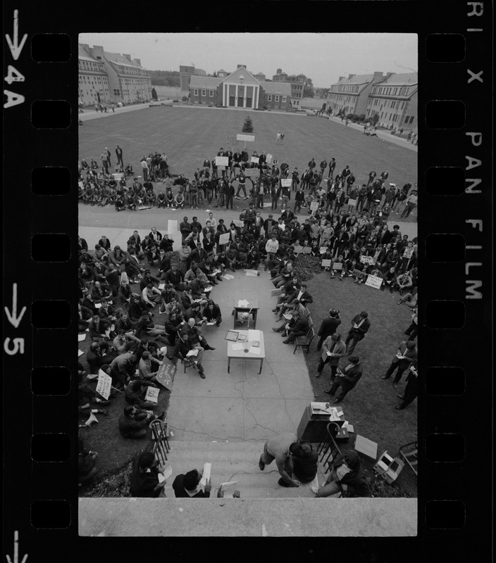 Inmates demonstrate at Norfolk Prison Colony, holding a meeting in the main area of the complex