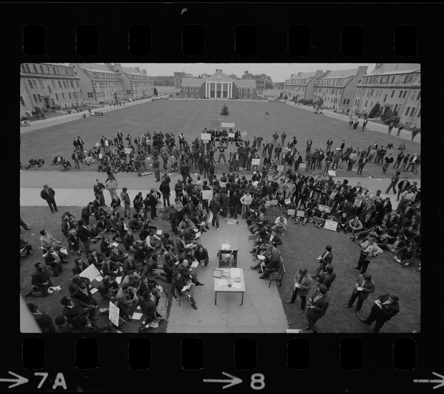 Inmates demonstrate at Norfolk Prison Colony, holding a meeting in the main area of the complex