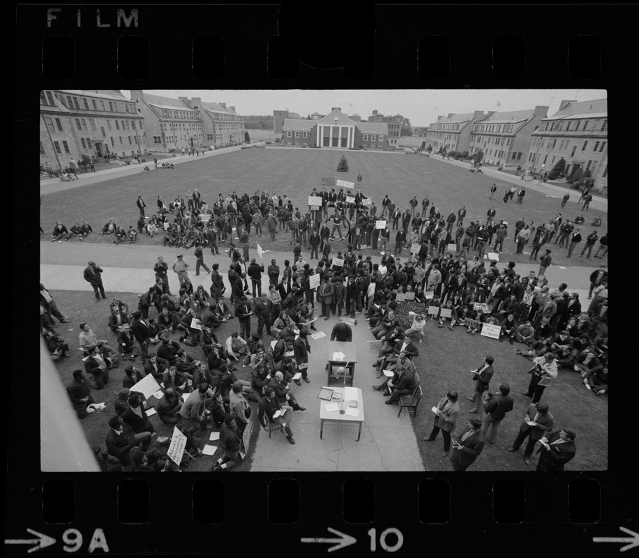 Inmates demonstrate at Norfolk Prison Colony, holding a meeting in the main area of the complex