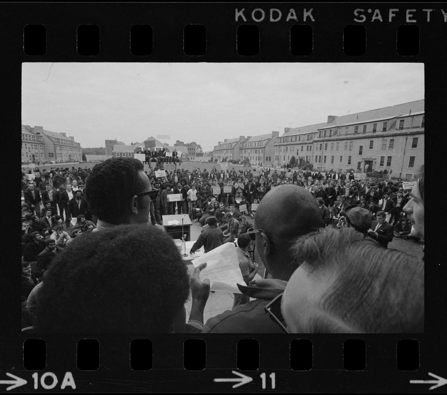 Inmates demonstrate at Norfolk Prison Colony, holding a meeting in the main area of the complex