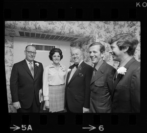 Maurice Donahue, Rep. Marie Howe, City Councilor Albert "Dapper" O'Neil, House Speaker David Bartley, and Suffolk County Sheriff Thomas Eisenstadt at testimonial dinner for O'Neil at Statler Hilton