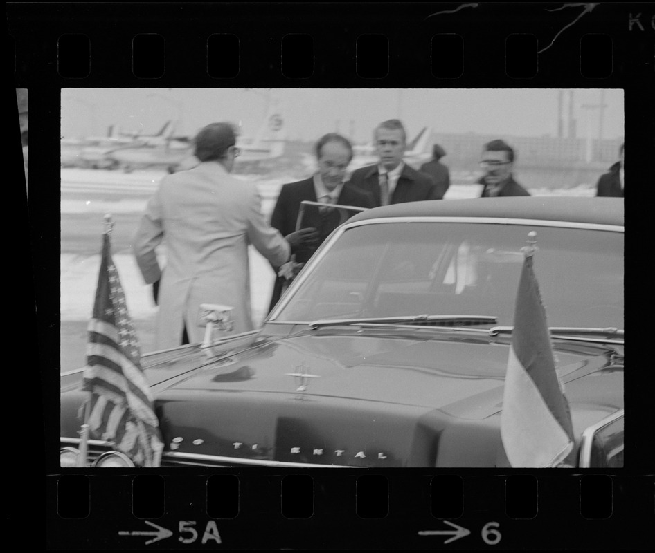 Italian Prime Minister Emilio Colombo arriving at Logan Airport