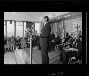 Italian Prime Minister Emilio Colombo speaking at Don Orione Home in East Boston