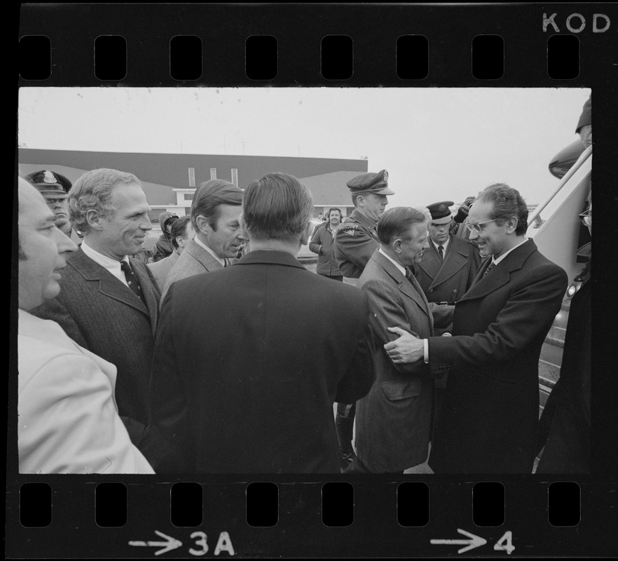Italian Prime Minister Emilio Colombo greeted by Secretary of Transportation John Volpe at Logan Airport