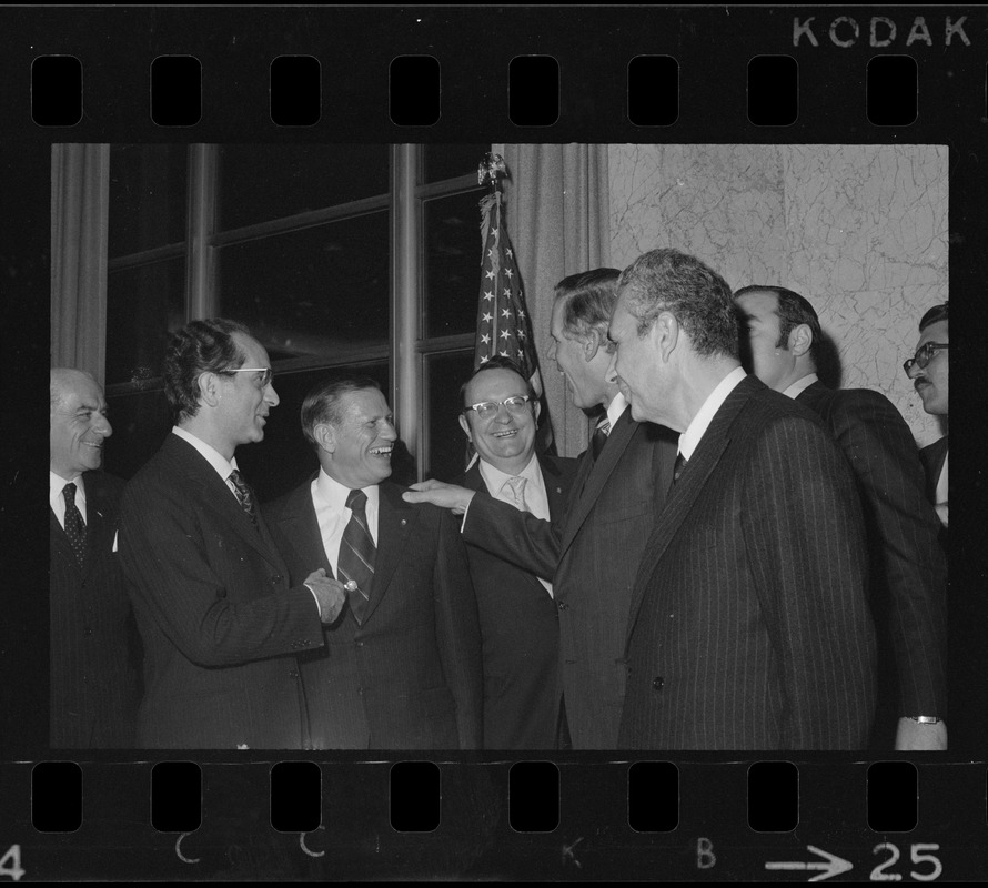 Italian Prime Minister Emilio Colombo, Secretary of Transportation John Volpe, unidentified man, Gov. Francis Sargent, and Italian Foreign Minister Aldo Moro at dinner in Colombo's honor