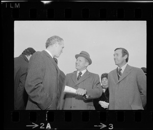 Mayor Kevin White, Secretary of Transportation John Volpe, and Lt. Gov. Dwight Donald at Logan Airport for the arrival of Italian Prime Minister Emilio Colombo