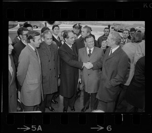 Lt. Gov. Donald Dwight, Italian Foreign Minister Aldo Moro, Italian Prime Minister Emilio Colombo, Secretary of Transportation John Volpe, and Mayor Kevin White at Logan Airport