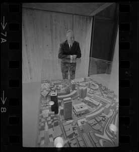 Mayor John Collins looking at model of Boston at City Hall
