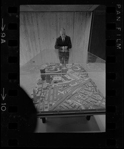 Mayor John Collins looking at model of Boston at City Hall