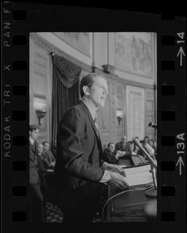 Re-elected Speaker David Bartley addresses House of Representatives as 1971 session of the Great and General Court of the Commonwealth opens