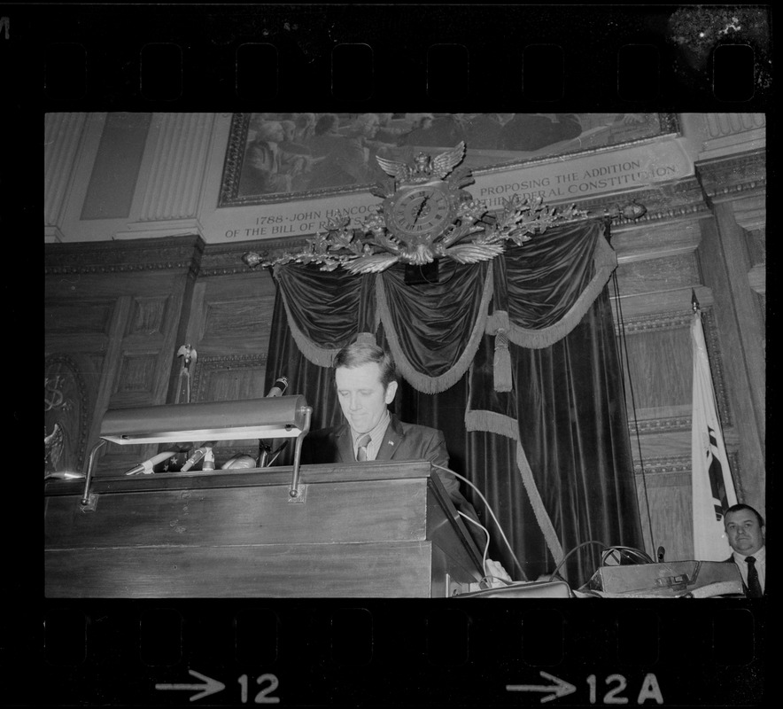 Re-elected Speaker David Bartley addresses House of Representatives as 1971 session of the Great and General Court of the Commonwealth opens