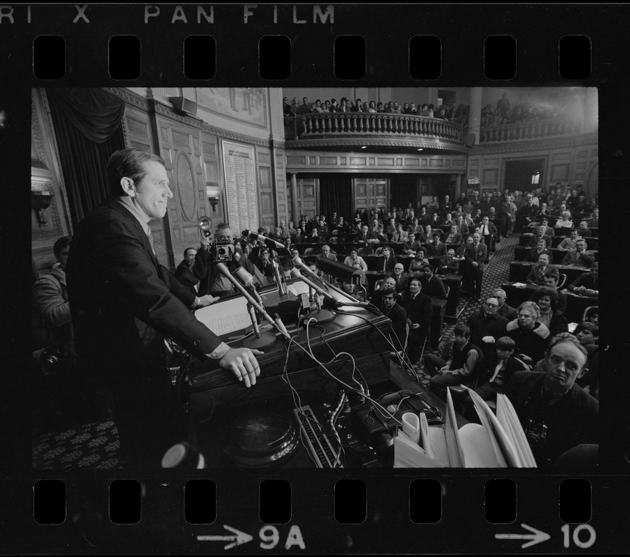 Re-elected Speaker David Bartley addresses House of Representatives as 1971 session of the Great and General Court of the Commonwealth opens