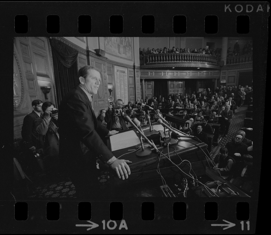 Re-elected Speaker David Bartley addresses House of Representatives as 1971 session of the Great and General Court of the Commonwealth opens