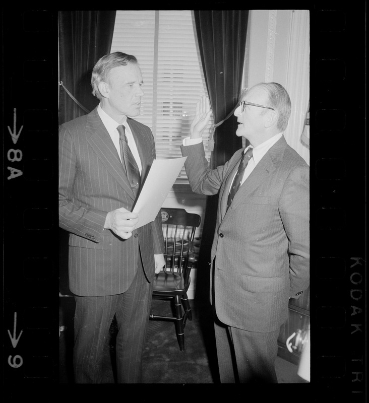 Gov. Francis Sargent swearing in unidentified man, possibly Judge Henry Campone