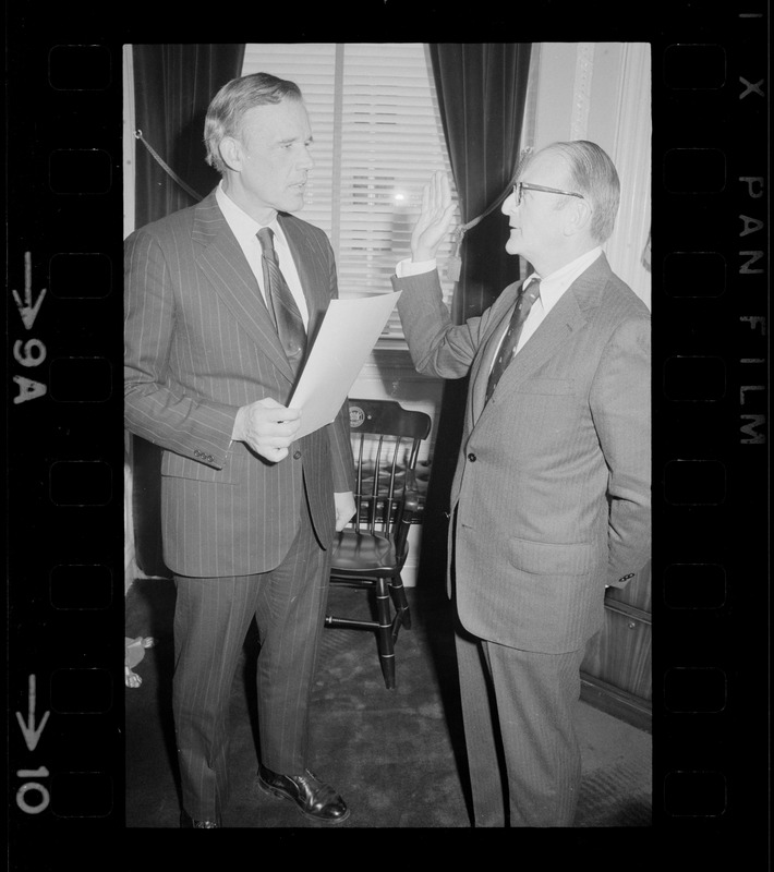 Gov. Francis Sargent swearing in unidentified man, possibly Judge Henry Campone