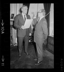 Gov. Francis Sargent swearing in unidentified man, possibly Judge Henry Campone
