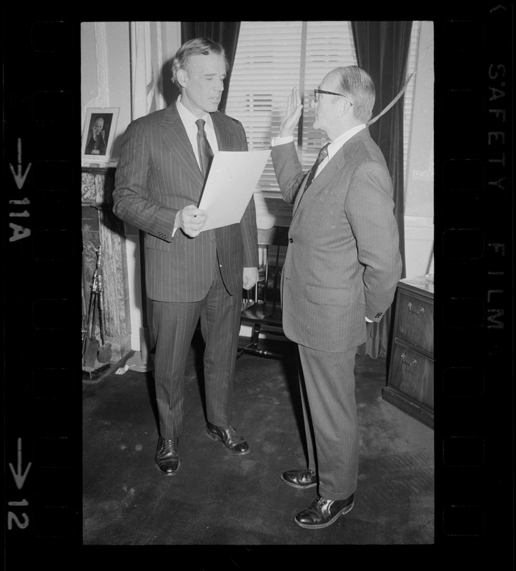 Gov. Francis Sargent swearing in unidentified man, possibly Judge Henry Campone