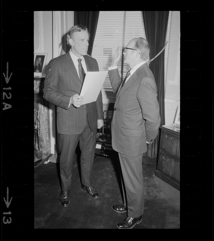 Gov. Francis Sargent swearing in unidentified man, possibly Judge Henry Campone