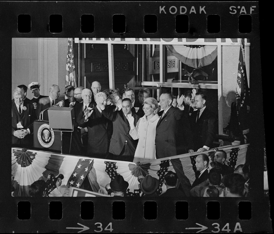 Francis Bellotti, Kathryn White, and Lyndon Johnson at campaign rally in Post Office Square