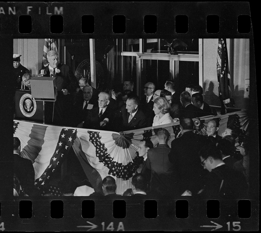 Tip O'Neill addressing Lyndon Johnson campaign rally in Post Office