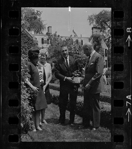 Lady Bird Johnson, two unidentified people, and Charles Francis Adams at Adams Mansion in Quincy