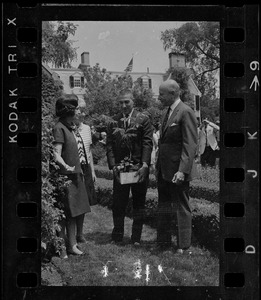 Lady Bird Johnson, two unidentified people, and Charles Francis Adams at Adams Mansion in Quincy