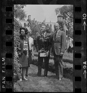 Lady Bird Johnson, two unidentified people, and Charles Francis Adams at Adams Mansion in Quincy