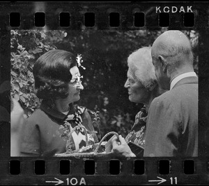 Lady Bird Johnson, unidentified woman, and Charles Francis Adams at Adams Mansion in Quincy