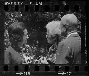 Lady Bird Johnson, unidentified woman, and Charles Francis Adams at Adams Mansion in Quincy