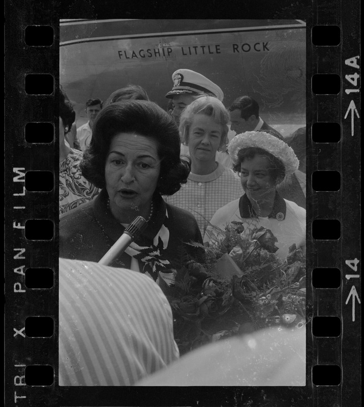 Lady Bird Johnson, unidentified woman, and Jennie Volpe at Logan Airport