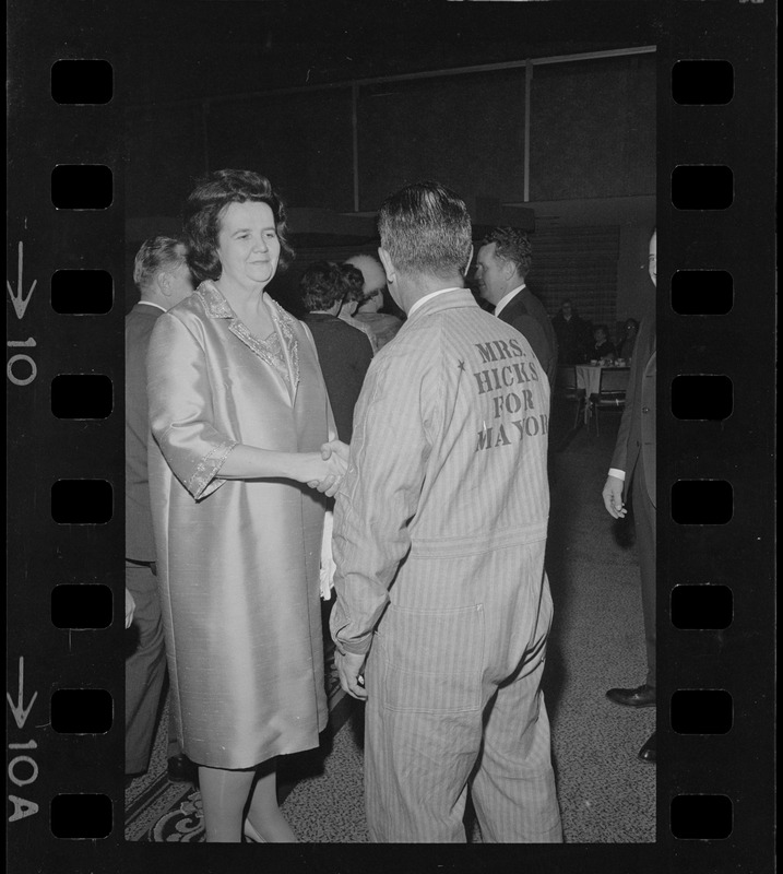 Jack Walsh, Back Bay, wishes Mrs. Louise Day Hicks luck during time out at a Sheraton Boston reception for the candidate