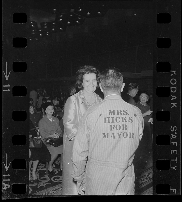 Jack Walsh, Back Bay, wishes Mrs. Louise Day Hicks luck during time out at a Sheraton Boston reception for the candidate