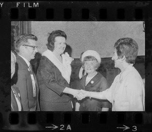 Mayoral candidate Louise Day Hicks and supporters, from left, Mrs. Dessie Viglas of Arlington and Mrs. Rena Eustis of Brookline