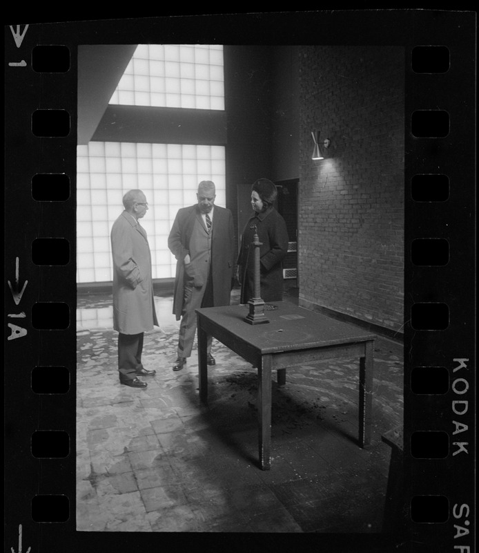 Unidentified man, William Ohrenberger, and Louise Day Hicks at site of school fire