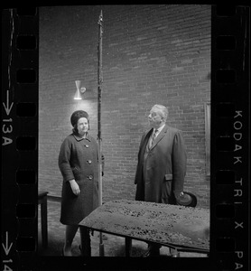 Louise Day Hicks and William Ohrenberger at site of school fire