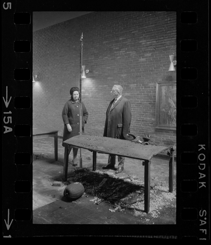 Louise Day Hicks and William Ohrenberger at site of school fire