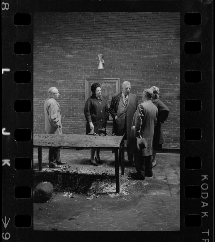 Unidentified man, William Ohrenberger, Louise Day Hicks, and two unidentified people at site of school fire