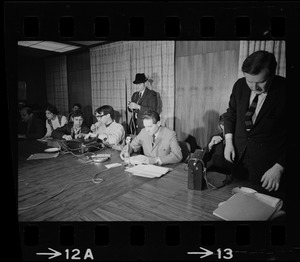 Unidentified official holding press conference about occupation of Ford Hall by Black students at Brandeis University