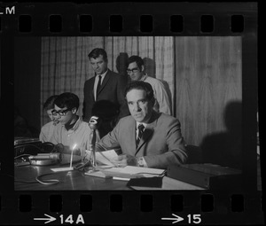 Unidentified official holding press conference about occupation of Ford Hall by Black students at Brandeis University