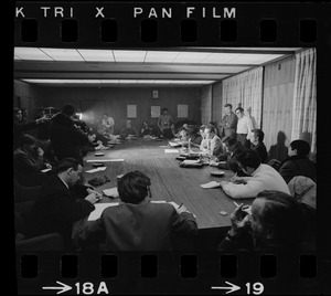 Unidentified official holding press conference about occupation of Ford Hall by Black students at Brandeis University