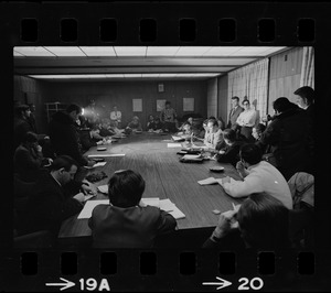 Unidentified official holding press conference about occupation of Ford Hall by Black students at Brandeis University