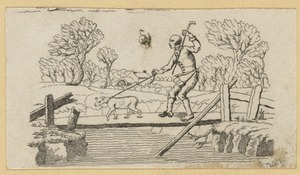Illustration of a blind man crossing a footbridge with guide dog, cane, and hat blown off by the wind