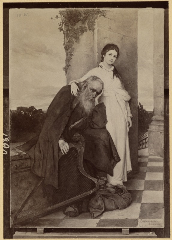 Blind Harp Player With Young Woman