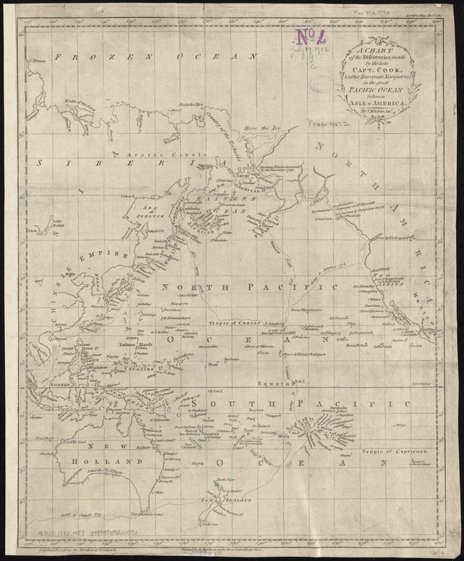 A chart of the discoveries made by the late Capt. Cook, & other European navigators, in the great Pacific Ocean between Asia and America