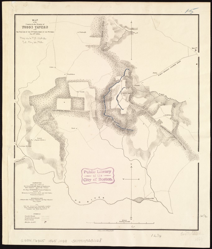 Map of the country in the vicinity of Todds Tavern, with the position of the 2nd Corps Army of the Potomac, May 8th, 1864