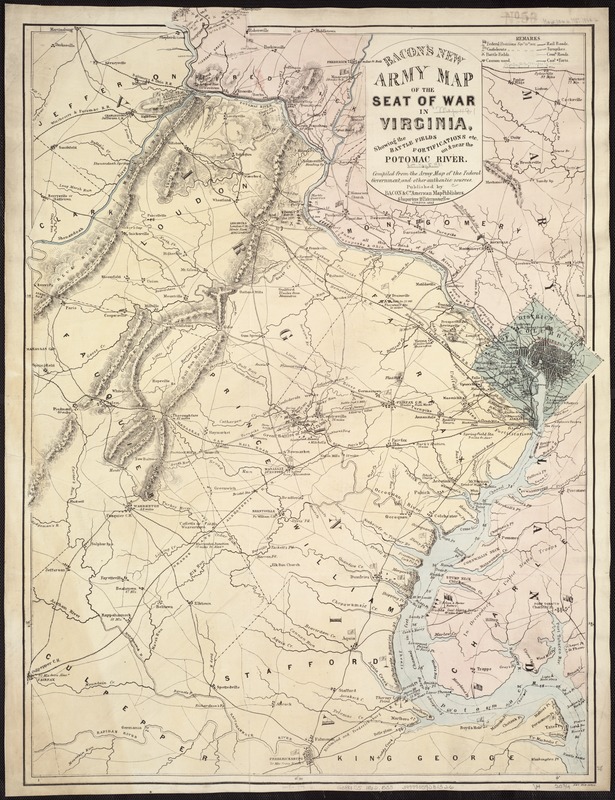 Bacon's new army map of the seat of war in Virginia, showing the battle fields, fortifications, etc., on & near the Potomac River
