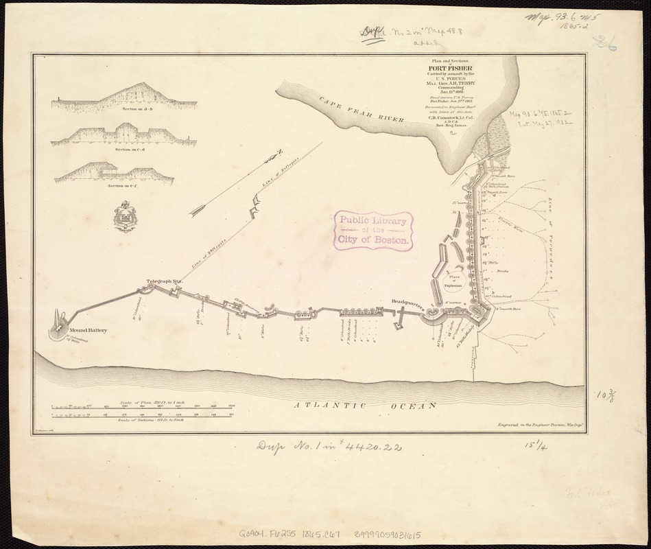 Plan and sections of Fort Fisher, carried by assault by the U.S. forces, Maj. Gen. A.H. Terry commanding, Jan. 15th, 1865