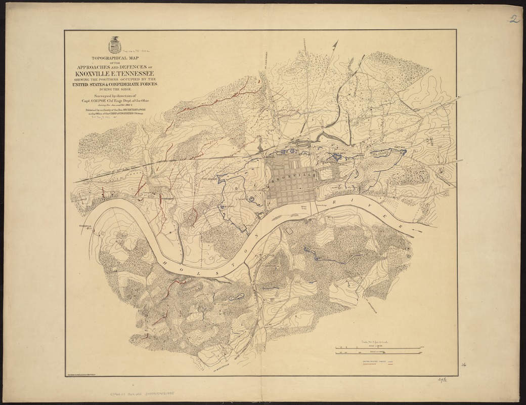 Topographical map of the approaches and defences of Knoxville, E. Tennessee, shewing the positions occupied by the United States & Confederate forces during the siege